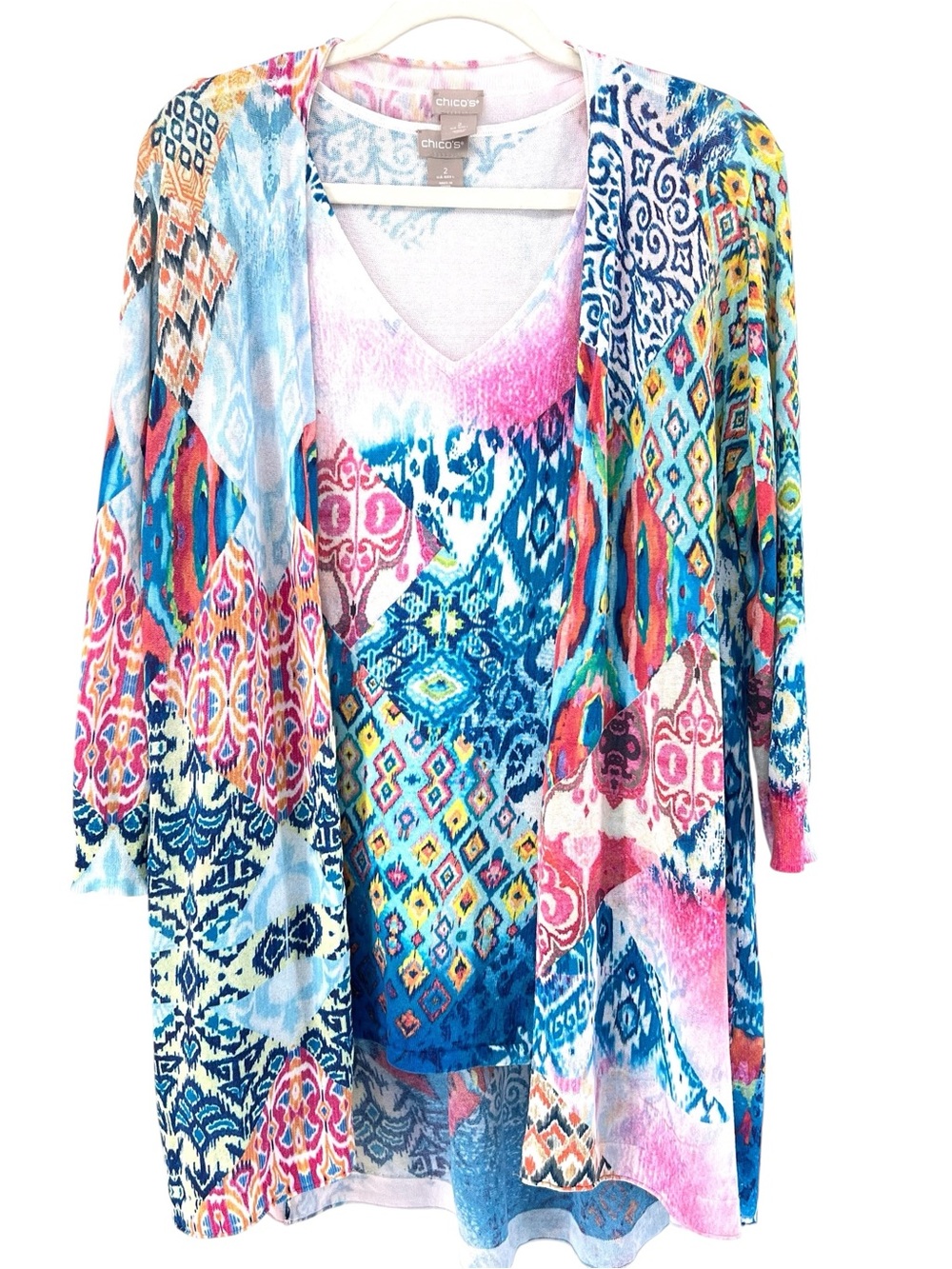 Chico's multicolor ikat patchwork cardigan and tank Sweater Set Sz L Boho Artsy